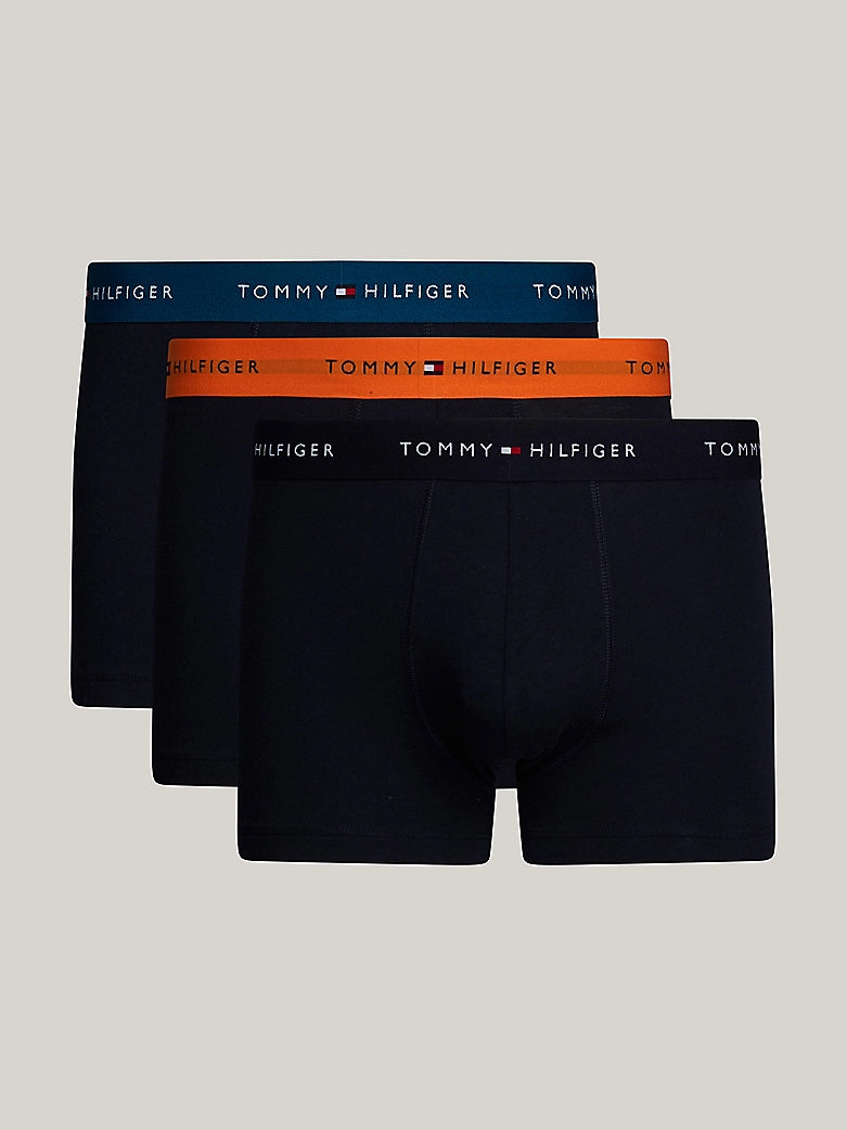 Act Fast Tommy Hilfiger Men's 3 Pack Essential Logo Trunks- Mid Turq/Orange Thunder/Des Sky