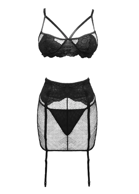 Act Fast Katie (Black) Fishnet Bralette, Thong & Suspender Skirt
