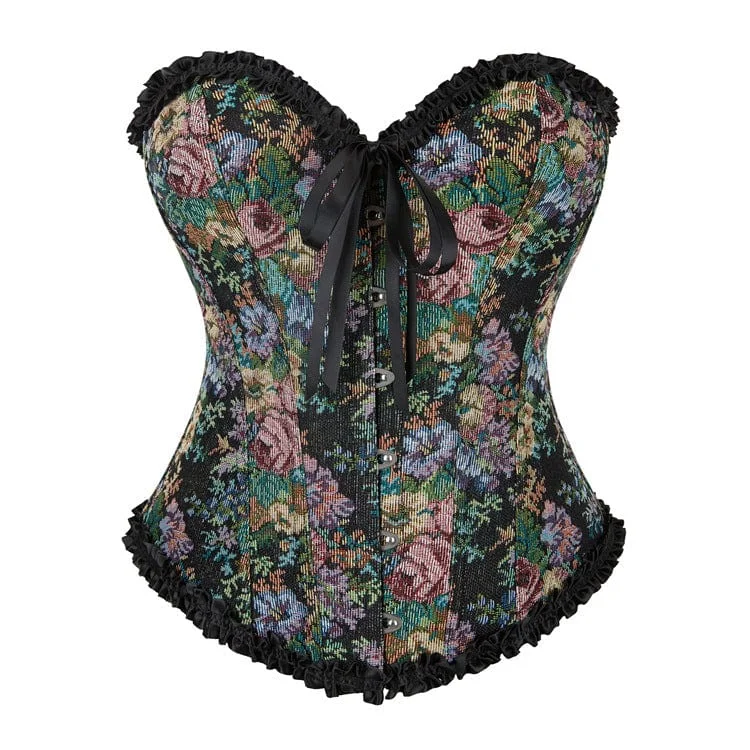 Bonus Offer Women's Gothic Floral Printed Ruffled Overbust Corset