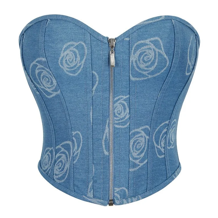 Bargain Prices Women's Grunge Zipper Rose Denim Overbust Corset