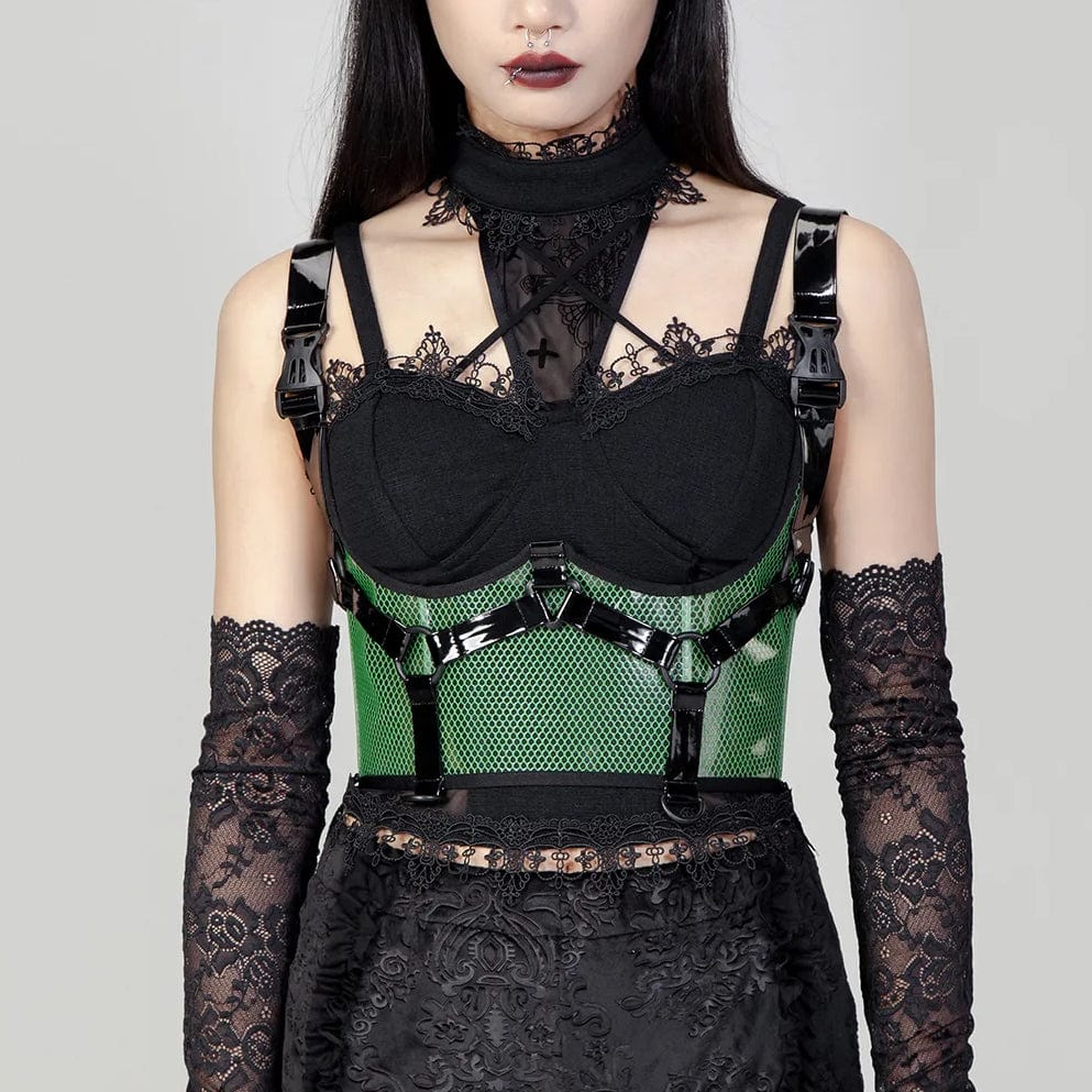 New Deals Women's Punk Buckles Mesh Underbust Corset Green