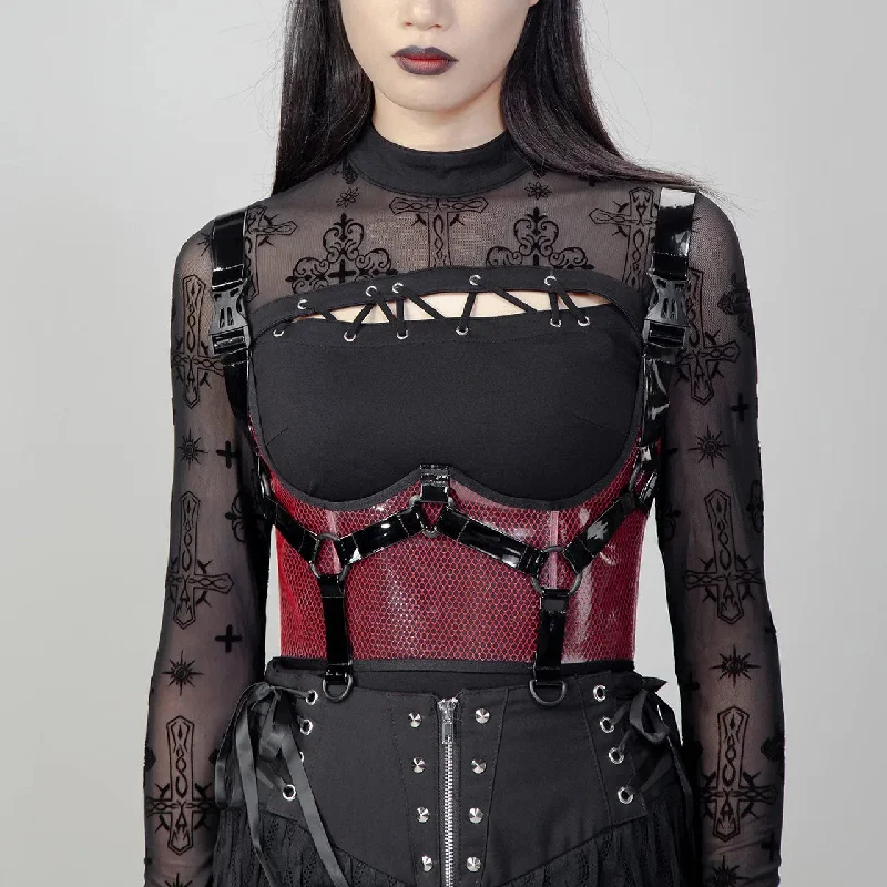 Don't Wait Women's Punk Buckles Mesh Underbust Corset Red