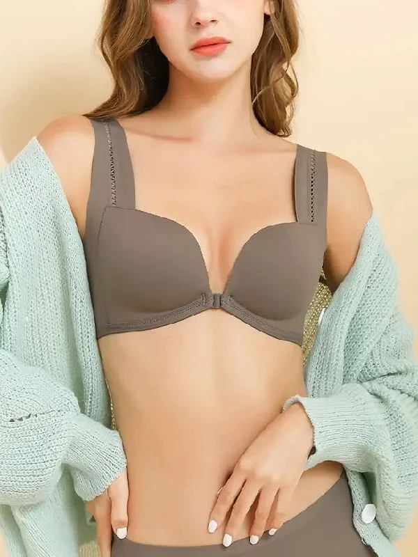 Front Closure Wide Strap Push-Up Wireless Bra Brown