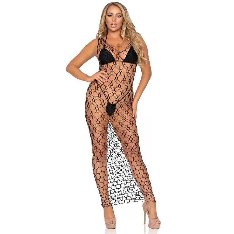 New Arrival Leg Avenue Hexi Net Maxi Dress Black UK 8 to 14