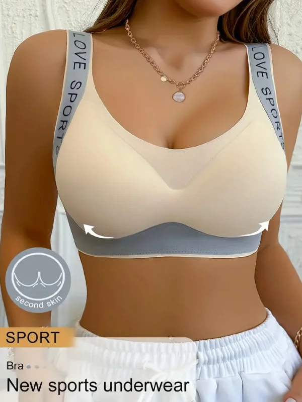 Price Drop Letter Print Wide Strap Comfy & Breathable Seamless Push Up Bra Beige