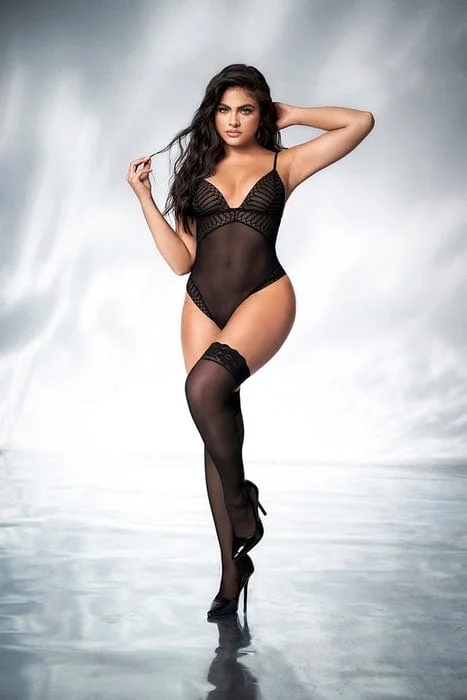 Value Deals Sexy Black Geometric Lace Bodysuit Lingerie