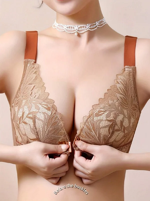 Shop and Save Sexy Lace Comfortable Breathable Front Closure Bra Khaki