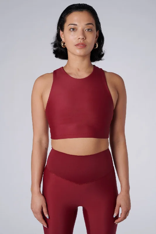 Limited Availability Tula High Neck Racer Back Crop Top | Recycled Nylon | Wine